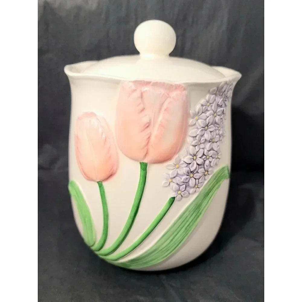 Tulip Garden by Mary Ann Baker Creamy White, Hyacinths, Pink Tulips Cookie jar